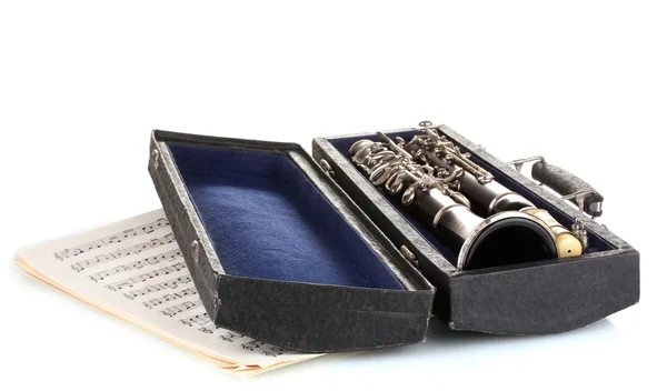 Антикварный кларнет в случае и ноутбук с нотами изолированы на белом — стоковое фото
