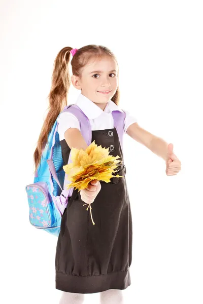Portret van mooie meisje in school uniform met rugzak en autum — Stockfoto