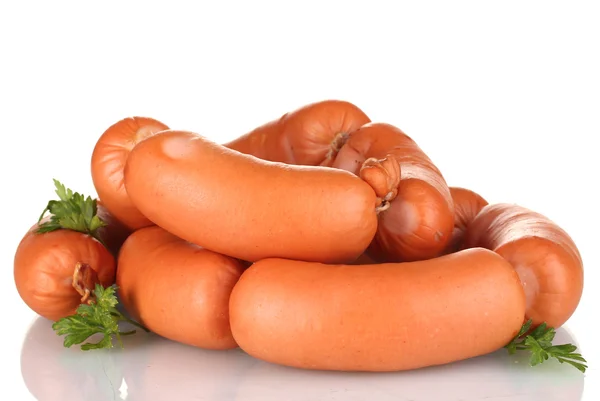 Tasty sausages and parsley isolation on white — Stock Photo, Image