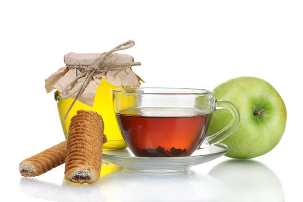 Delicious breakfast of tea, cookies, apple and honney isolated on white — Stock Photo, Image