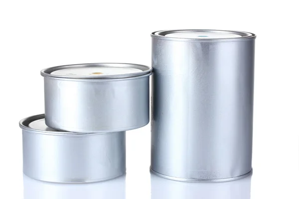 Closed tin cans with paint isolated on white — Stock Photo, Image