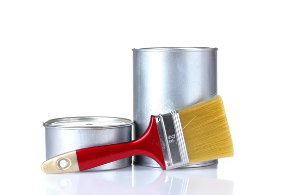 Open tin cans with paint and brushes isolated on white — Stock Photo, Image