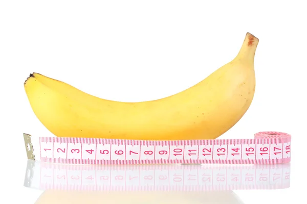 熟透的香蕉和测量磁带上白色隔离 — 图库照片