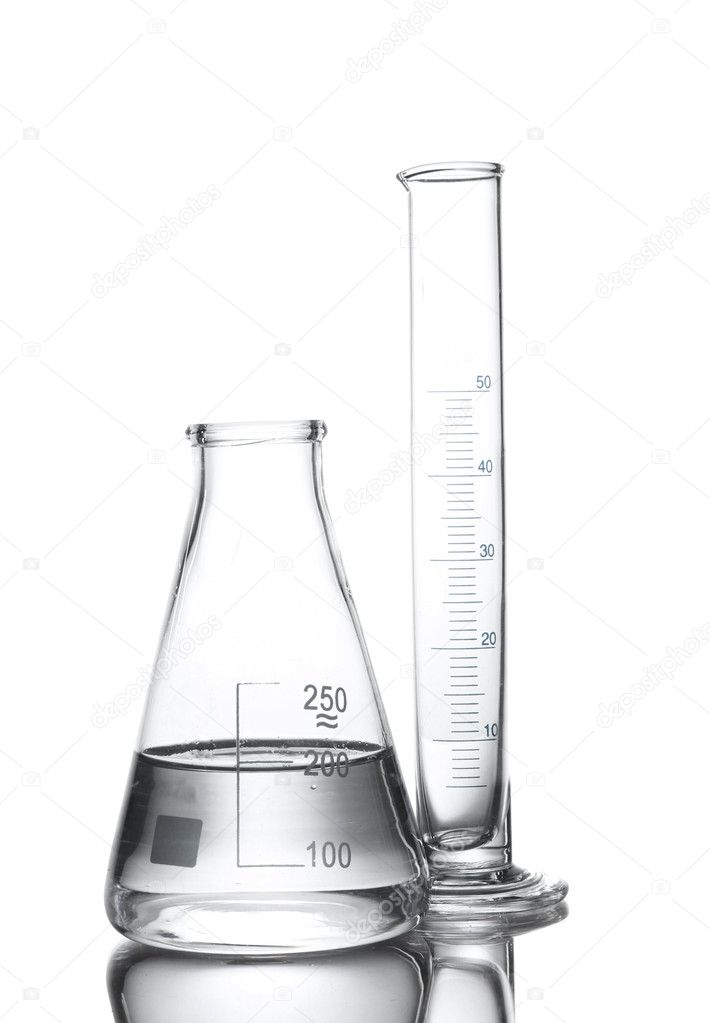 Flask with water and empty measuring beaker with reflection isolated on whi