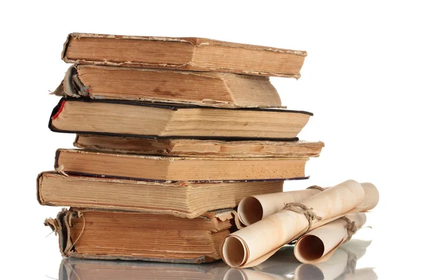 Pile of old books and scroll isolated on white — Stock Photo, Image