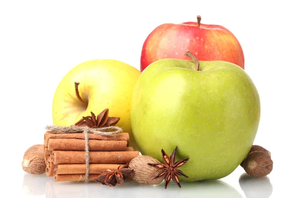 シナモンスティック、リンゴ、ナツメグ、白で隔離されるアニス — ストック写真