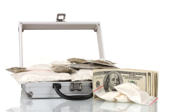 Cocaina e marijuana in una valigia isolata su bianco — Foto Stock