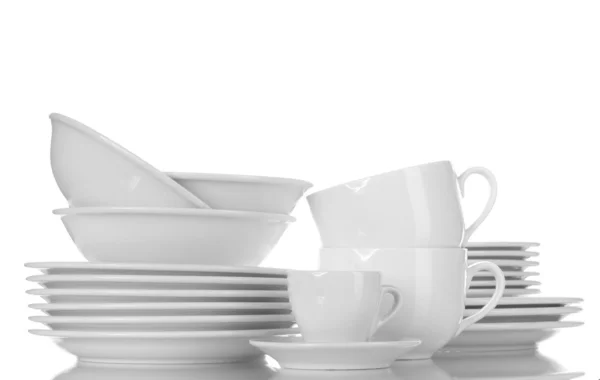 Empty bowls, plates and cups isolated on white — Stock Photo, Image