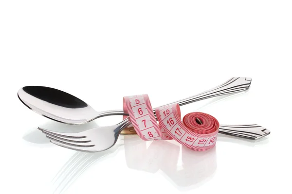 叉子、 勺子和卷尺上白色隔离 — 图库照片