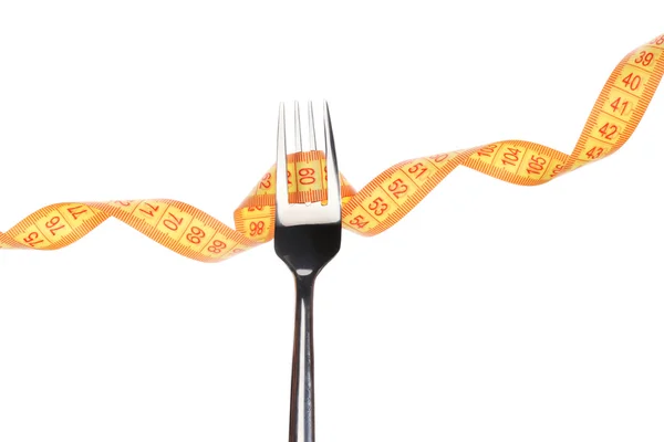 Fork and measuring tape isolated on white — Stock Photo, Image