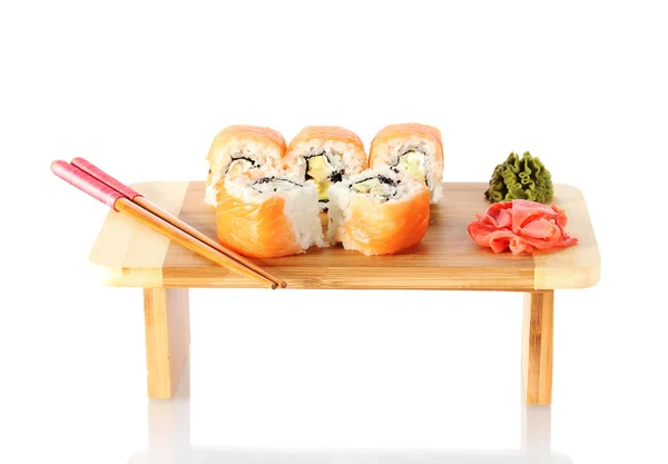 Tasty rolls served on wooden plate isolated on white — Stock Photo, Image