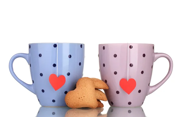 Twee kopjes thee zakjes en koekjes geïsoleerd op wit — Stockfoto