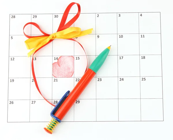 Calendar page with hearts, pen and ribbon on St.Valentines Day — Stock Photo, Image