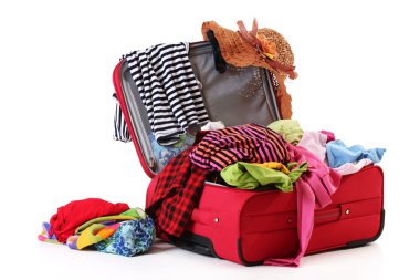 Open red suitcase with clothing isolated on a white clipart