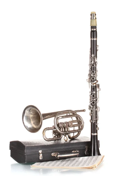 Antique trumpet, clarinet and case isolated on white — Stock Photo, Image