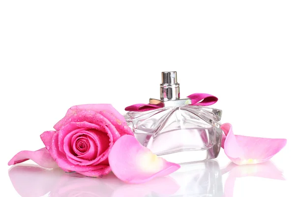 Perfume and pink roses on white background — Stock Photo, Image