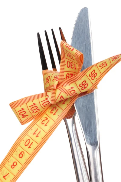 Tenedor, cuchillo y cinta métrica aislados en blanco — Foto de Stock