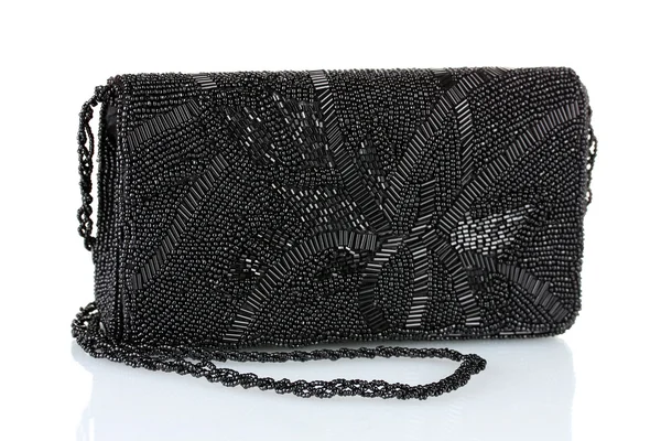 Black clutch embroidered with beads isolated on white — Stock Photo, Image