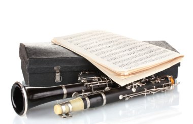Antique clarinet, case and notebook with notes isolated on white clipart