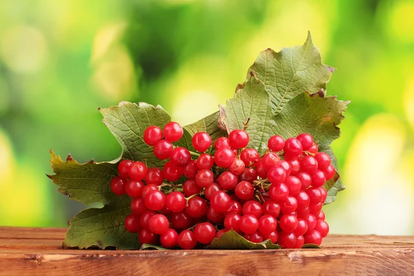 Red berries of viburnum on wooden table on green background — Stock Photo, Image