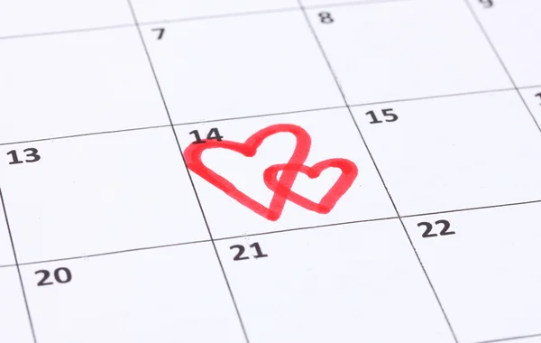 Página del calendario con corazones en el Día de San Valentín — Foto de Stock