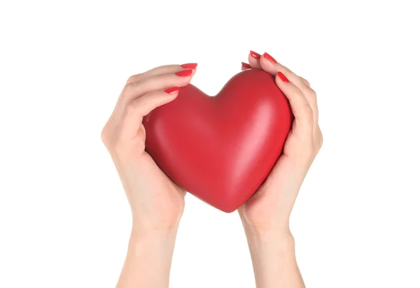 Eller üzerinde beyaz izole kırmızı kalp — Stok fotoğraf