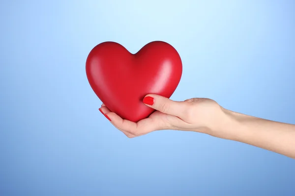 Rött hjärta i handen av en kvinna på blå bakgrund — Stockfoto