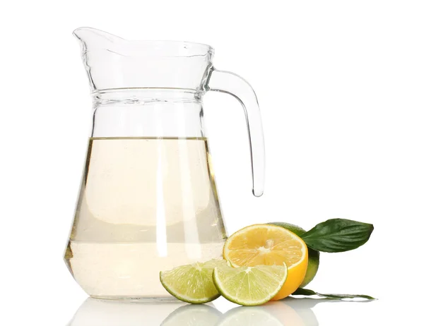 Pitcher of lemonade, lime and lemon isolated on white — Stock Photo, Image