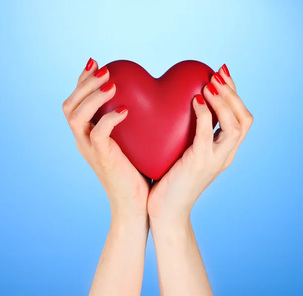 Красное сердце в женской руке на синем фоне — стоковое фото