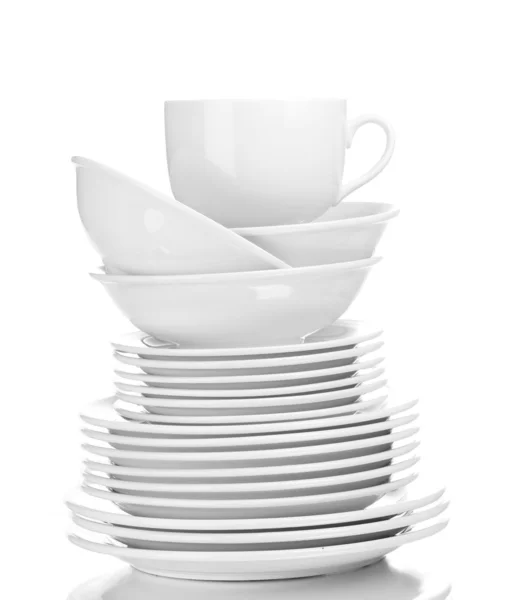 Schone borden en kopjes geïsoleerd op wit — Stockfoto