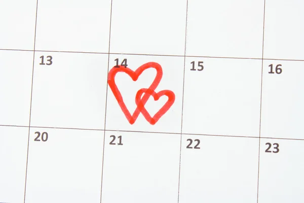 Kalender-sida med hjärtan på st.valentines dag — Stockfoto