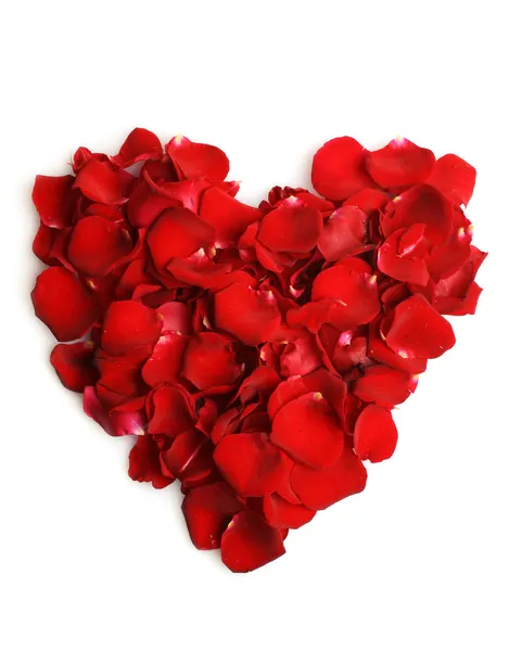 红玫瑰花瓣的美丽的心，与白色隔离 — 图库照片