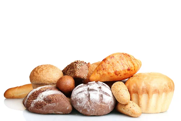 Tasty breads and rolls isolated on white — Stock Photo, Image