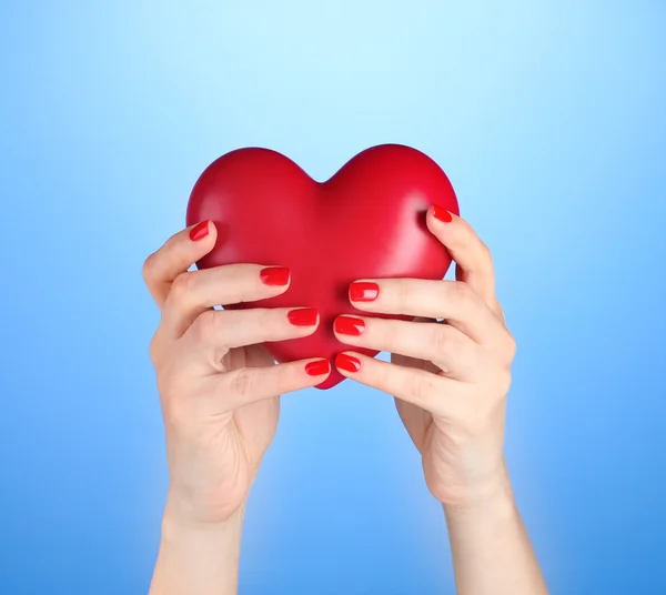 Coração vermelho em mãos femininas em fundo azul — Fotografia de Stock