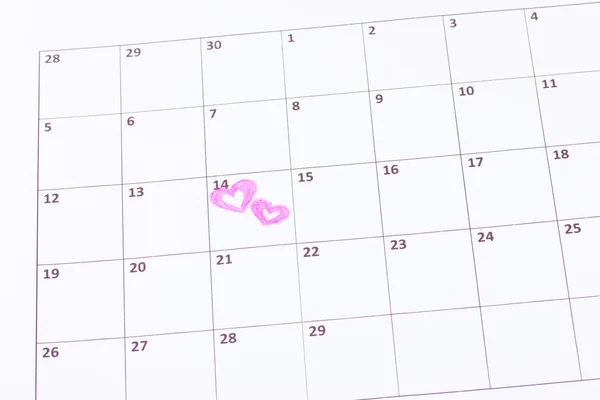 Calendar page with hearts on St.Valentines Day — Stock Photo, Image