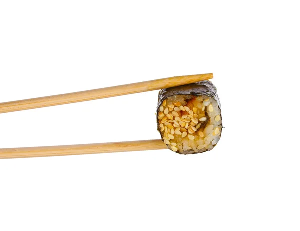 Holding roll with chopsticks isolated on white — Stock Photo, Image
