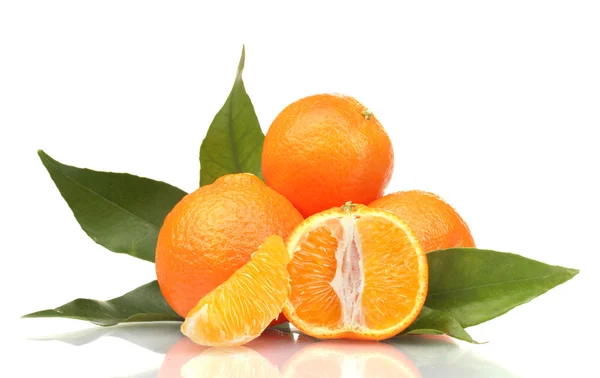 Ripe tasty tangerines with leaves and segments isolated on white — Stock Photo, Image