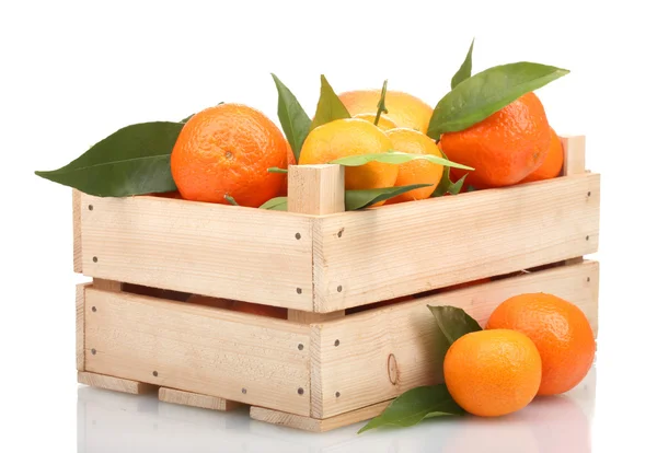 Maturi mandarini saporiti con foglie in scatola di legno isolata su bianco — Foto Stock