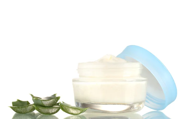 Opened glass jar of cream and aloe isolated on white — Stock Photo, Image