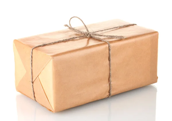 Parcel wrapped in brown paper tied with twine isolated on white Stock Picture
