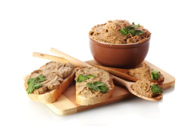 Fresh pate with bread on wooden board isolated on white clipart