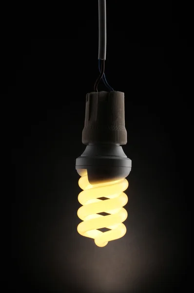 Uma lâmpada de poupança de energia acesa no fundo preto — Fotografia de Stock