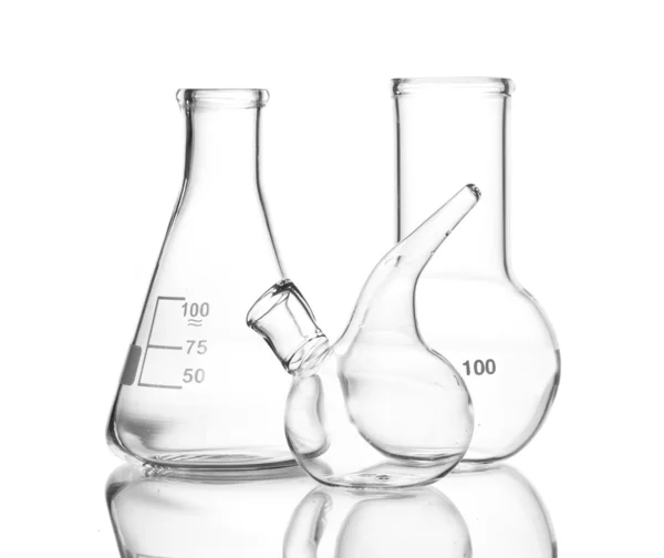 Three empty laboratory glassware with reflection isolated on white — Stock Photo, Image