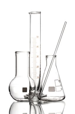 Three empty laboratory glassware with reflection isolated on white clipart