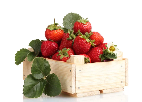 Strawberries with leaves in wooden box isolated on white — Stock Photo, Image