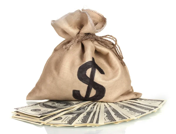 Um monte de notas de cem dólares em um saco isolado em branco — Fotografia de Stock