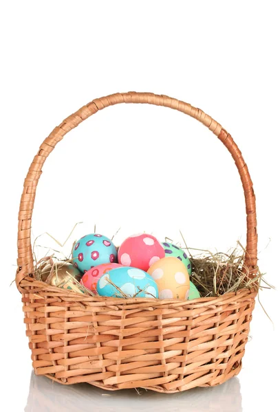 Colorful Easter eggs in the basket isolated on white — Stock Photo, Image