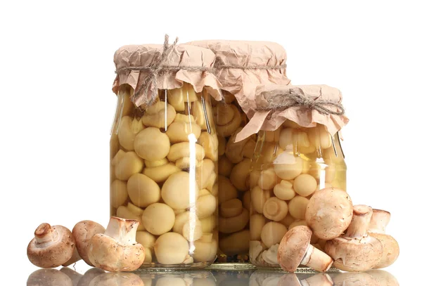 Delicious marinated mushrooms in the glass jars and raw champignons isolate — 스톡 사진