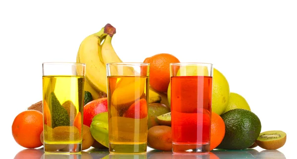 Assortment of exotic fruits and juice isolated on white — Stock Photo, Image