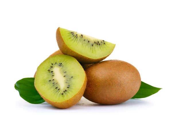 Juicy kiwi fruits with leaves isolated on white — Stock Photo, Image
